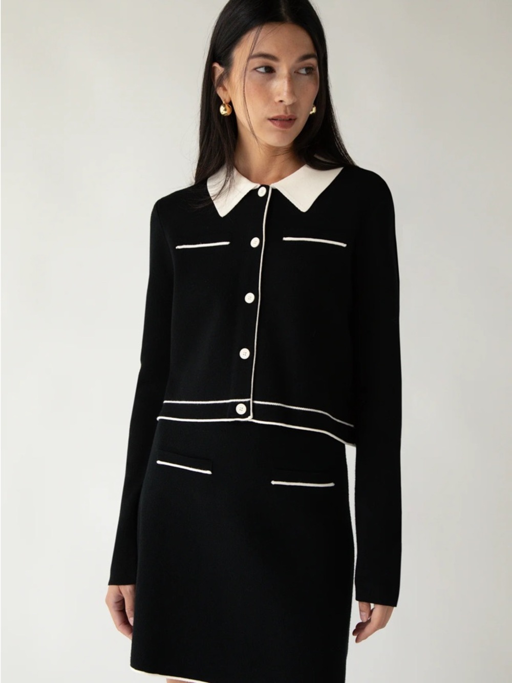 OAK + FORT Black and Cream Knit Collared Cardigan